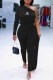 Black Elegant Print Letter One Shoulder Jumpsuits