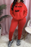 Red Casual Print Draw String Letter Hooded Collar Long Sleeve Two Pieces