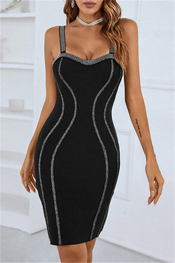 Black Sexy Formal Patchwork Backless Spaghetti Strap Sleeveless Dress