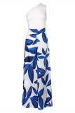 Blue Sexy Casual Patchwork Print Bandage Backless Oblique Collar Regular Jumpsuits
