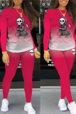 Red Party Print Skull O Neck Long Sleeve Two Pieces