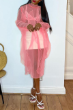 Pink Casual Solid See-through Flounce Half A Turtleneck Straight Dresses