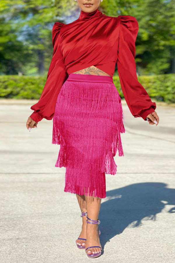 Red Elegant Solid Tassel Patchwork Turtleneck Long Sleeve Two Pieces