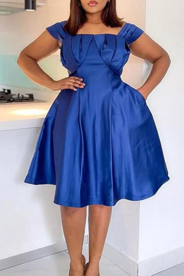 Blue Casual Solid Patchwork Square Collar A Line Dresses