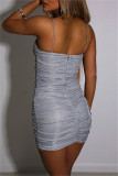 Silver Sexy Solid Patchwork Backless V Neck Sling Dress