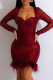 Burgundy Sexy Patchwork Sequins Feathers Square Collar Long Sleeve Dresses