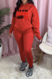 Rose Red Casual Print Draw String Letter Hooded Collar Long Sleeve Two Pieces