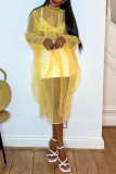 Pink Casual Solid See-through Flounce Half A Turtleneck Straight Dresses