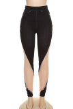 Blue Sexy Street Print Solid See-through Skinny Mid Waist Pencil Patchwork Bottoms