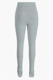Pink Fashion Casual Solid Ripped Fold Skinny High Waist Trousers