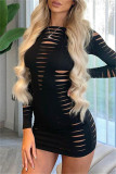 Blue Sexy Solid Ripped Hollowed Out O Neck Long Sleeve Dresses