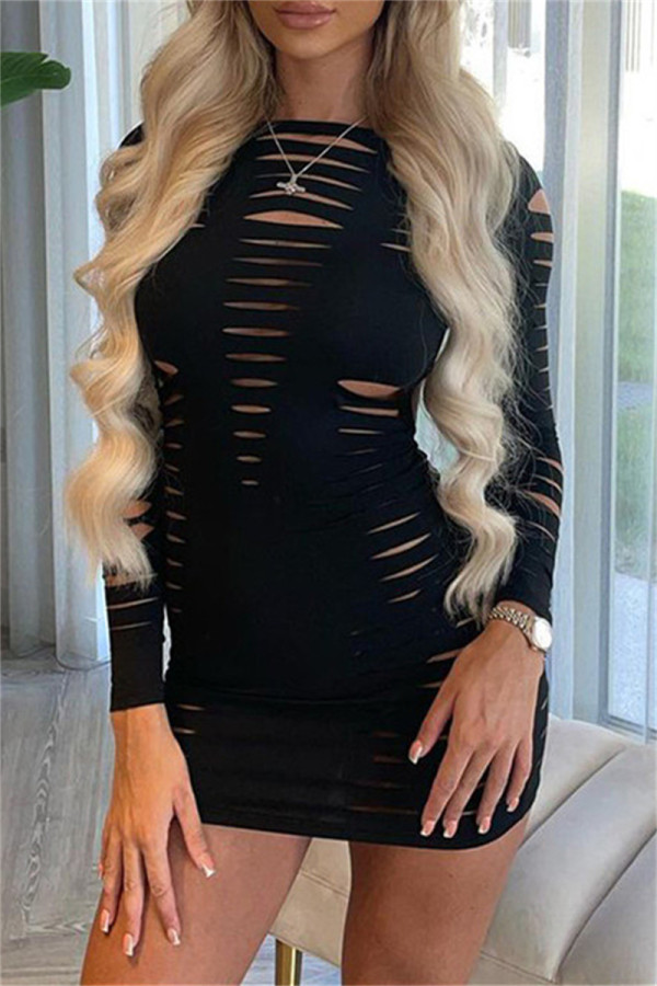 Black Sexy Solid Ripped Hollowed Out O Neck Long Sleeve Dresses