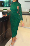 Green Sexy Casual Solid Hollowed Out Frenulum Turtleneck Long Sleeve Dresses