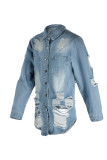 Light Blue Fashion Casual Solid Ripped Turndown Collar Long Sleeve Regular Denim Jacket