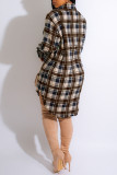 Green Casual Plaid Print Patchwork Buckle Turndown Collar Shirt Dress Dresses