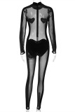 Black Sexy Patchwork See-through Half A Turtleneck Skinny Jumpsuits