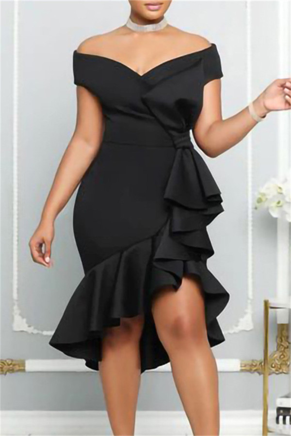 Black Sexy Formal Solid Patchwork Asymmetrical V Neck Evening Dress