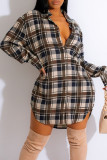 Green Casual Plaid Print Patchwork Buckle Turndown Collar Shirt Dress Dresses