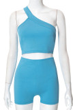 Blue Sexy Sportswear Solid Patchwork Oblique Collar Sleeveless Two Pieces