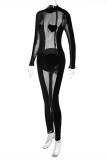 Black Sexy Patchwork See-through Half A Turtleneck Skinny Jumpsuits