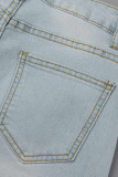 Light Blue Fashion Casual Patchwork Tassel High Waist Skinny Denim Jeans