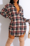 Green Casual Plaid Print Patchwork Buckle Turndown Collar Shirt Dress Dresses