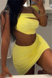 Yellow Sexy Solid Hollowed Out Patchwork Backless One Shoulder Sleeveless Two Pieces