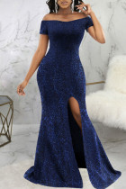 Deep Blue Sexy Solid Patchwork Slit Off the Shoulder Evening Dress Dresses