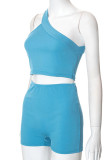 Blue Sexy Sportswear Solid Patchwork Oblique Collar Sleeveless Two Pieces