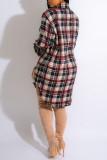 Green Casual Plaid Print Patchwork Buckle Turndown Collar Shirt Dress Dresses