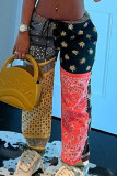 Rose Red Casual Print Patchwork Regular Mid Waist Trousers