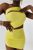 Yellow Sexy Solid Hollowed Out Patchwork Backless One Shoulder Sleeveless Two Pieces