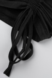Black Fashion Casual Print Solid Draw String Frenulum O Neck Short Sleeve Two Pieces