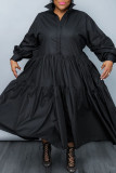 Black Casual Solid Patchwork Buttons Fold Turndown Collar Shirt Dress Plus Size Dresses