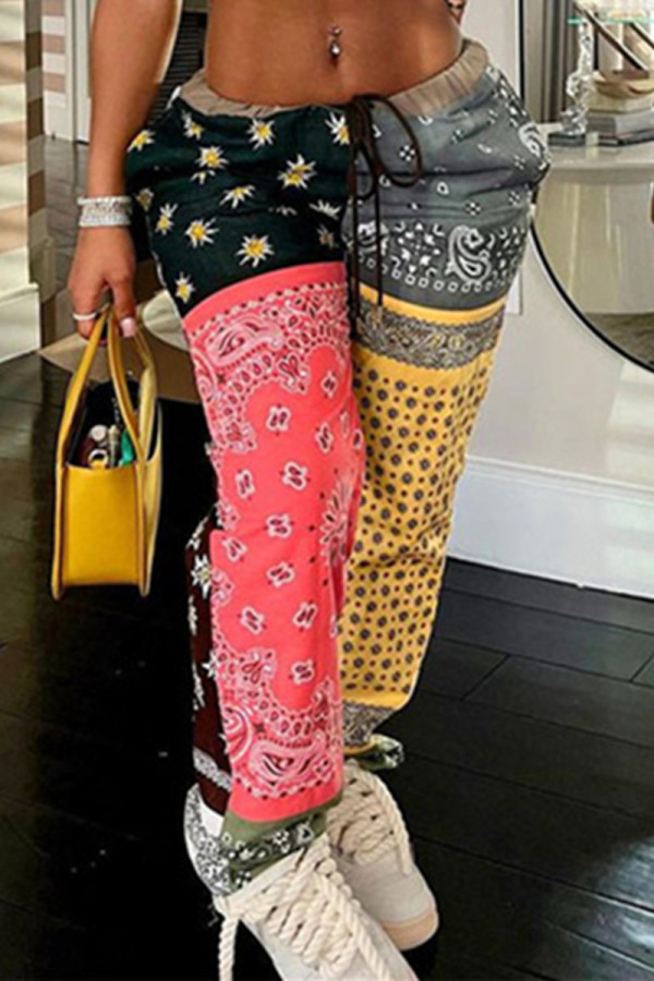 Rose Red Casual Print Patchwork Regular Mid Waist Trousers