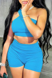 Blue Sexy Sportswear Solid Patchwork Oblique Collar Sleeveless Two Pieces