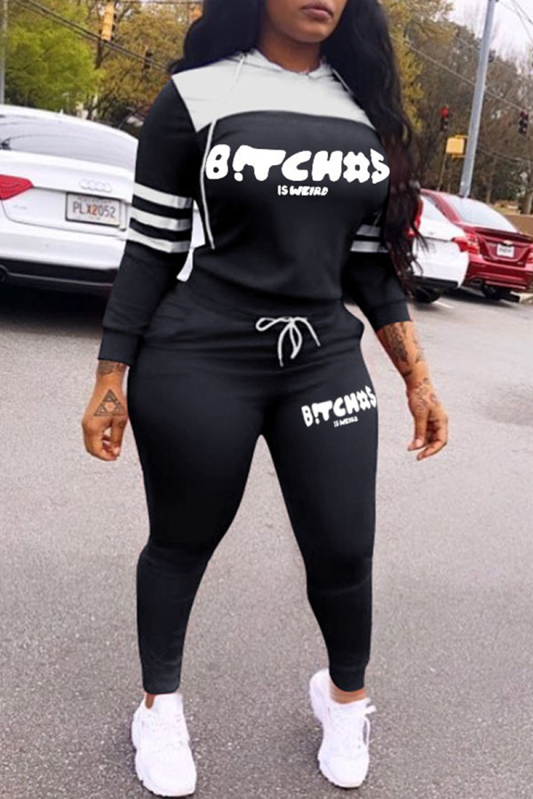 Black Casual Letter Print Patchwork Hooded Collar Long Sleeve Two Pieces