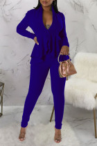 Blue Sexy Solid Patchwork Flounce V Neck Long Sleeve Two Pieces