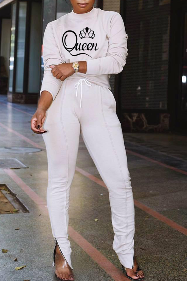 White Casual Print Patchwork O Neck Long Sleeve Two Pieces
