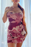 Burgundy Sexy Print Bandage Backless Spaghetti Strap Sleeveless Dress Dresses