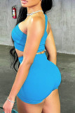 Blue Sexy Sportswear Solid Patchwork Oblique Collar Sleeveless Two Pieces