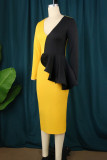 Yellow Casual Solid Patchwork Contrast V Neck Long Sleeve Dresses
