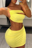 Yellow Sexy Solid Hollowed Out Patchwork Backless One Shoulder Sleeveless Two Pieces