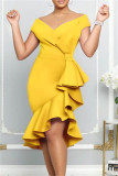 Yellow Sexy Formal Solid Patchwork Asymmetrical V Neck Evening Dress