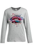 Black Casual Lips Printed Patchwork O Neck Tops