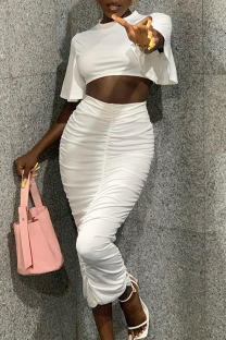 White Sexy Solid Fold O Neck Short Sleeve Two Pieces