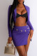 Purple Sexy Solid Rivets Patchwork Slit Turn-back Collar Long Sleeve Two Pieces