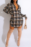 Green Casual Plaid Print Patchwork Buckle Turndown Collar Shirt Dress Dresses