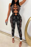 Apricot Sexy Patchwork Hot Drilling Hollowed Out See-through O Neck Skinny Jumpsuits