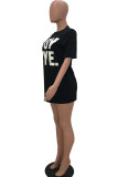 Black Street Fashion adult Cap Sleeve Short Sleeves O neck Step Skirt Mini Print Character washi